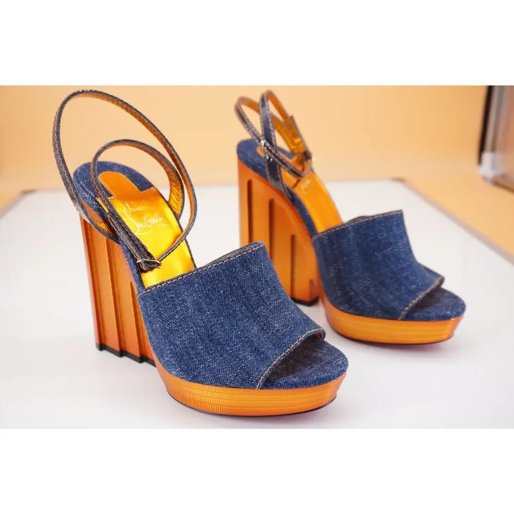 Christian Louboutin Mira Colunata Sandal Denim Wedge SZ 38.5 Strappy $1295